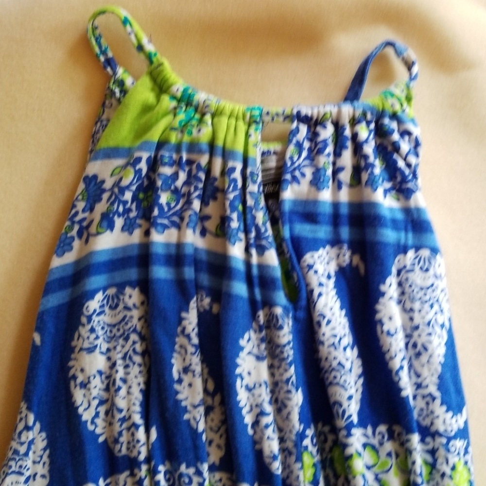 Maxi dress, blue, white and green. Button closure